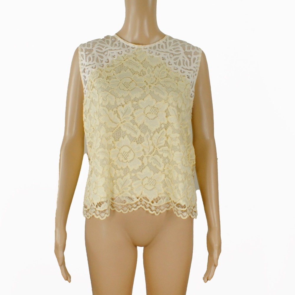 Sandro Paris Yellow Cream White Lace Open Back Sleeveless Top Shirt